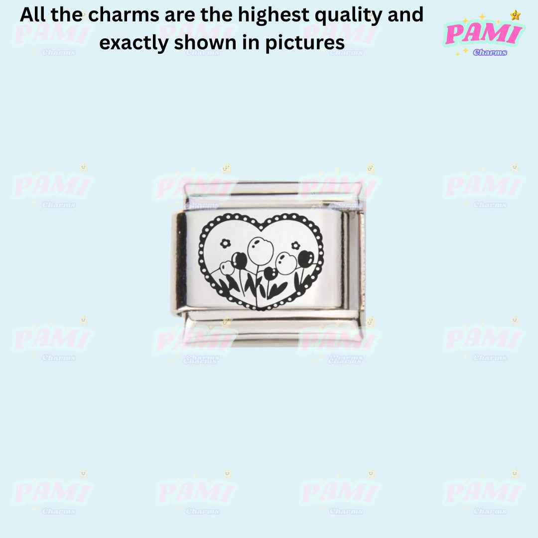 Pami Charms laser engraved flower italian charms with heart design on silver charm