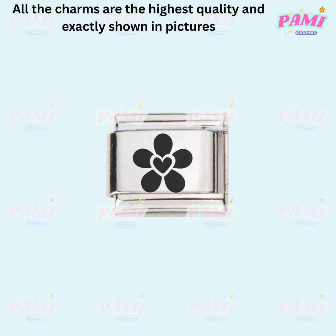 Pami Charms laser engraved flower italian charms with black flower and heart design on silver base