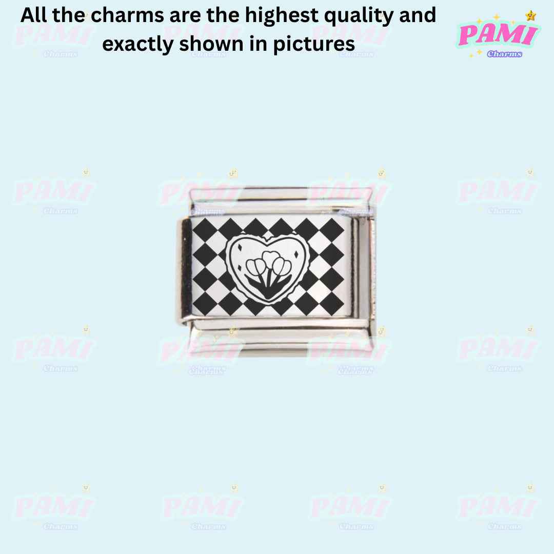 Pami Charms laser engraved flower italian charms with heart design on checkered background