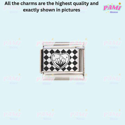 Pami Charms laser engraved flower italian charms with heart design on checkered background