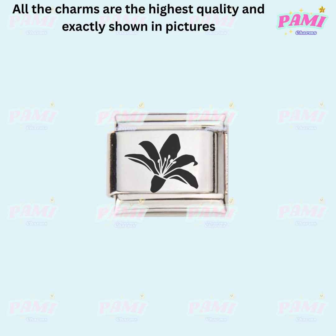 Pami Charms laser engraved flower italian charms with black floral design on silver charm