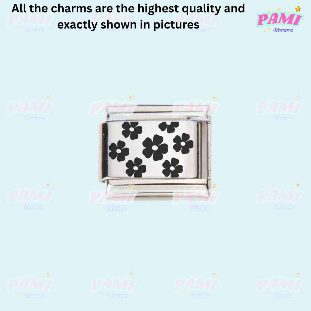 Pami Charms laser engraved flower italian charms with black floral design on silver-tone metal