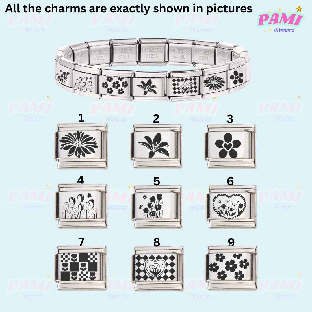 Pami Charms laser engraved flower italian charms bracelet with nine detailed flower designs