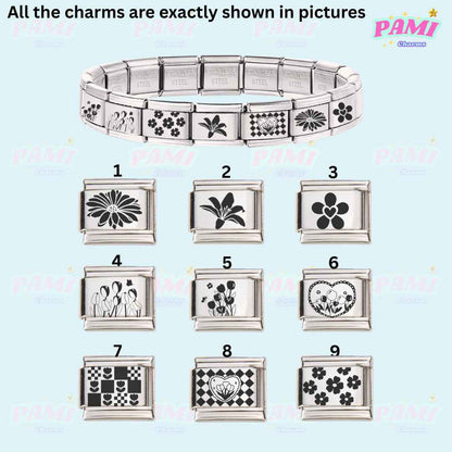 Pami Charms laser engraved flower italian charms bracelet with nine detailed flower designs