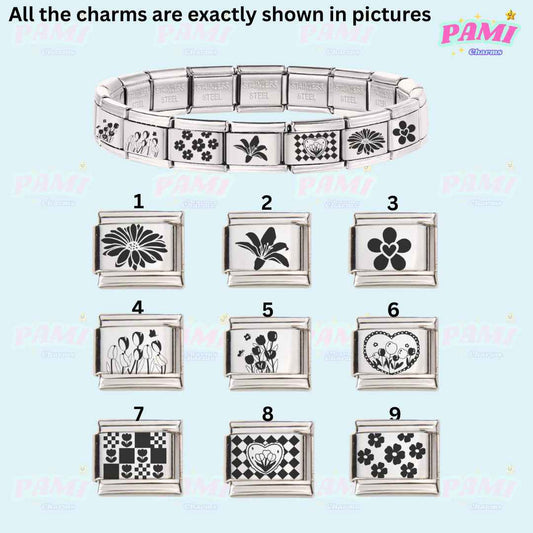 Pami Charms laser engraved flower italian charms bracelet with nine detailed flower designs