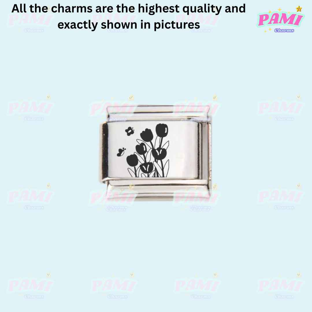 Pami Charms laser engraved flower italian charms with black floral design on silver base