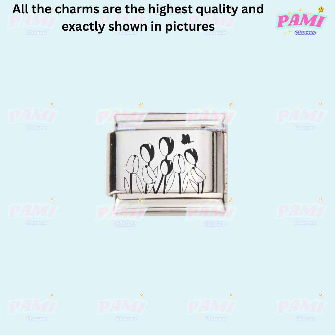 Pami Charms laser engraved flower italian charms with a delicate tulip and butterfly design