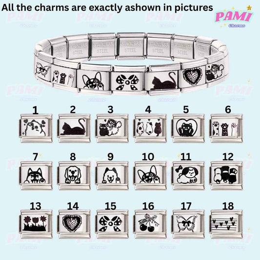 Pami Charms laser engraved Italian charms bracelet featuring various animal and heart designs in stainless steel
