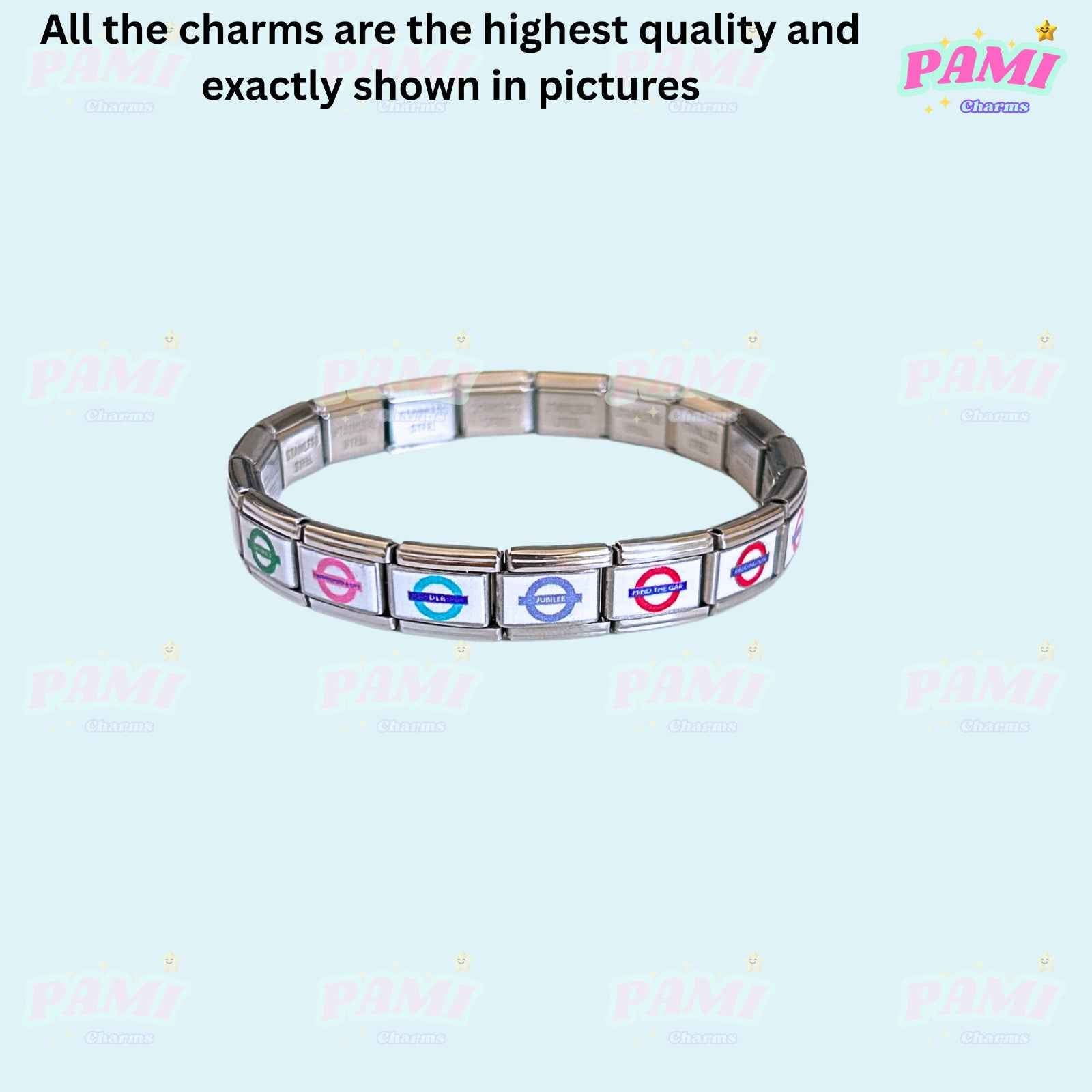 Pami Charms London underground Italian charms bracelet with colorful circular logos on silver links