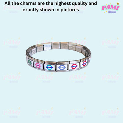 Pami Charms London underground Italian charms bracelet with colorful circular logos on silver links
