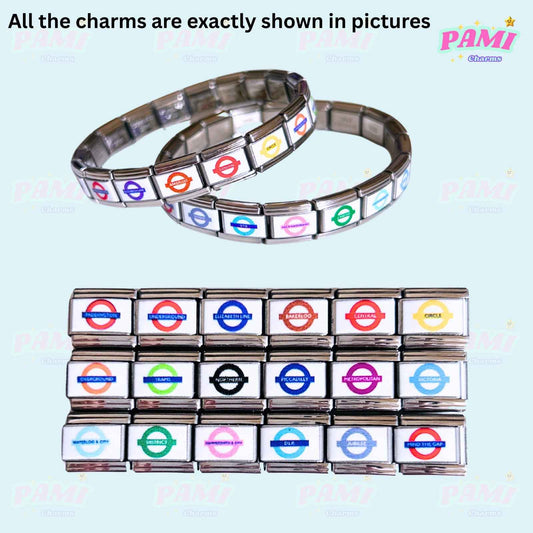 Pami Charms London underground italian charms bracelet with colorful subway line symbols on silver links