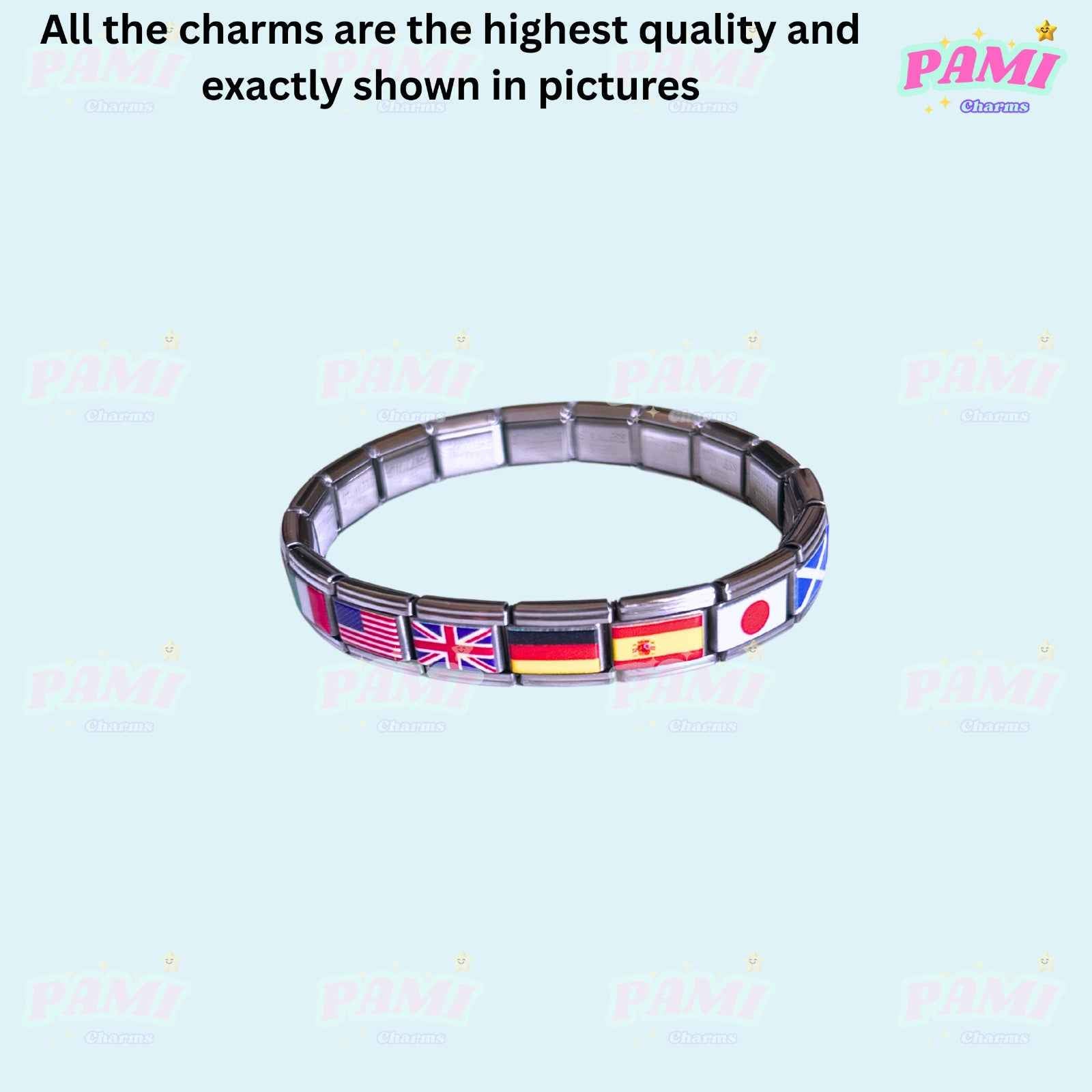 Pami Charms bracelet featuring national flags italian charms including USA UK Germany Spain Japan and Scotland