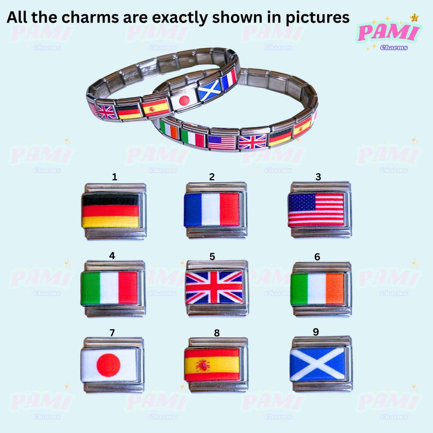 Pami Charms national flags italian charms with various country flag designs on expandable metal bracelets