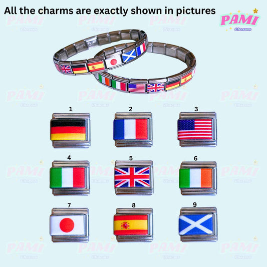 Pami Charms national flags italian charms with various country flag designs on expandable metal bracelets