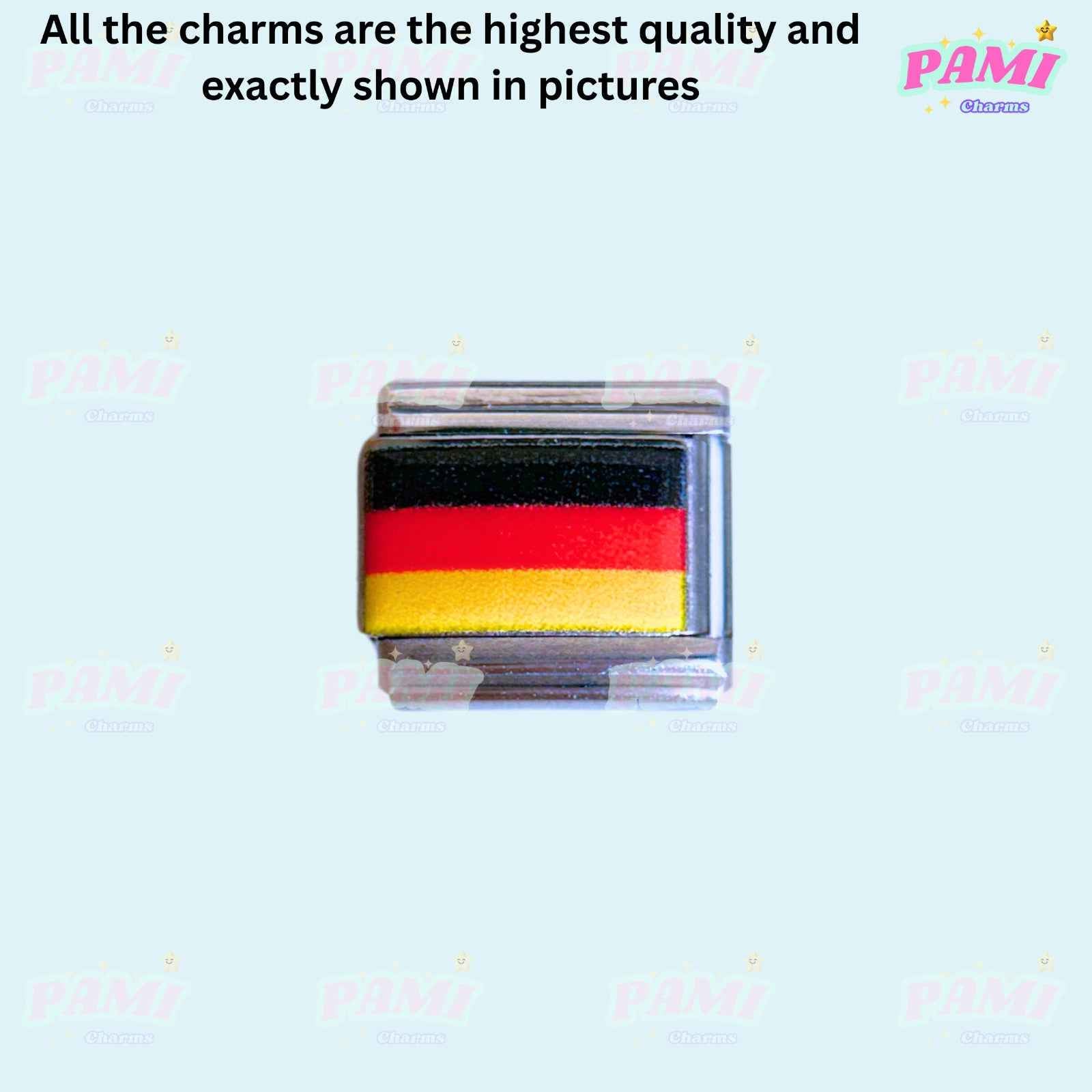 Pami Charms national flags Italian charms featuring a German flag charm in clear packaging