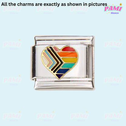 Pride LGBTQ Italian charms heart-shaped rainbow flag charm by Pami Charms on silver base