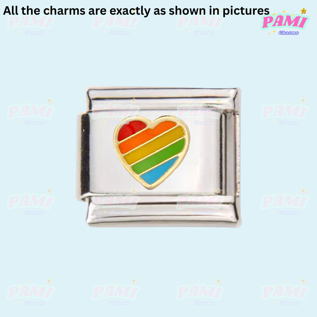 Silver charm with rainbow heart design representing pride lgbtq italian charms by Pami Charms