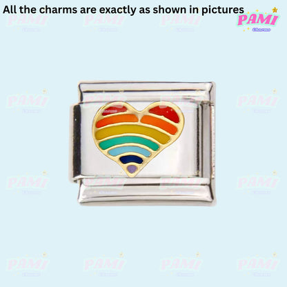 Pami Charms pride lgbtq italian charms heart-shaped rainbow enamel charm on silver base