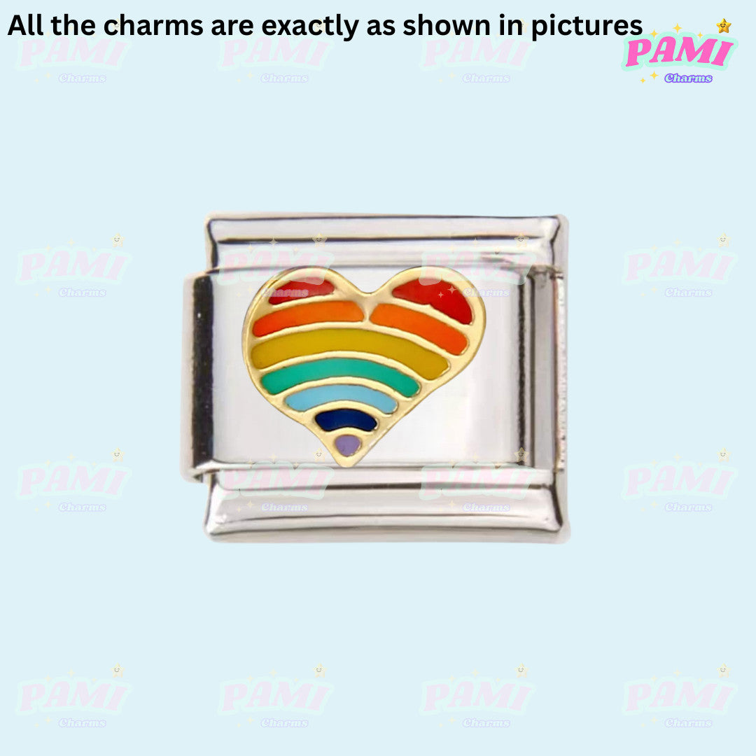 Pride lgbtq italian charms featuring a rainbow heart design on a silver rectangular base
