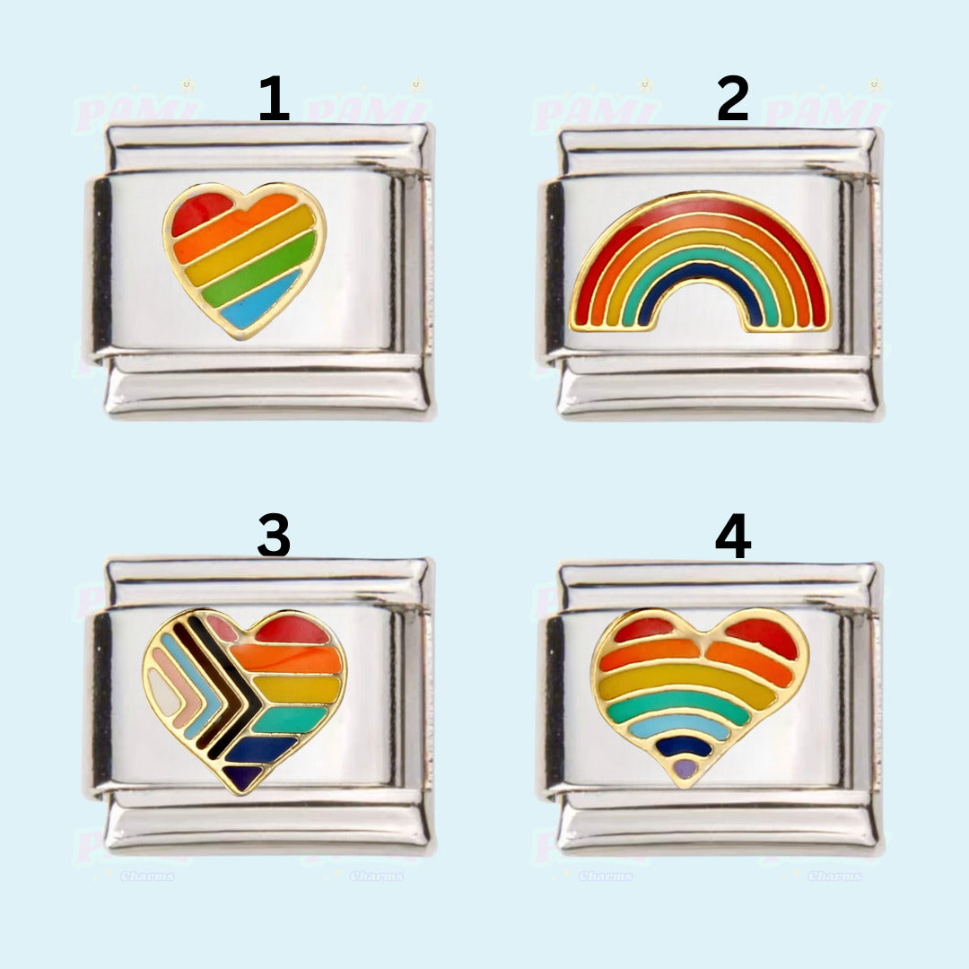 Pride LGBTQ Italian charms set by Pami Charms featuring heart and rainbow designs in rainbow colours