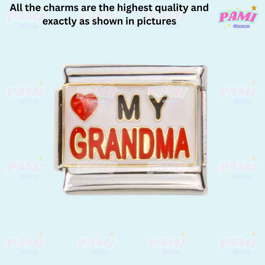 Family, Mum, Dad, Niece, Aunt, Grandma Modular Italian Charms - Fits all classic 9mm bracelets 13- I love MY GRANDMA (White background) Italian Charm