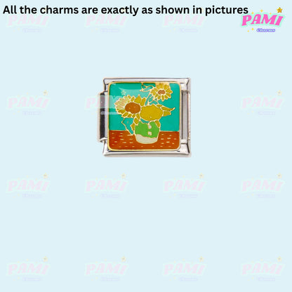 Floral/Flower Tulip, Lotus, Rose Modular Italian Charms - Fits all classic 9mm Bracelet 10- Sunflower in green background Italian Charm
