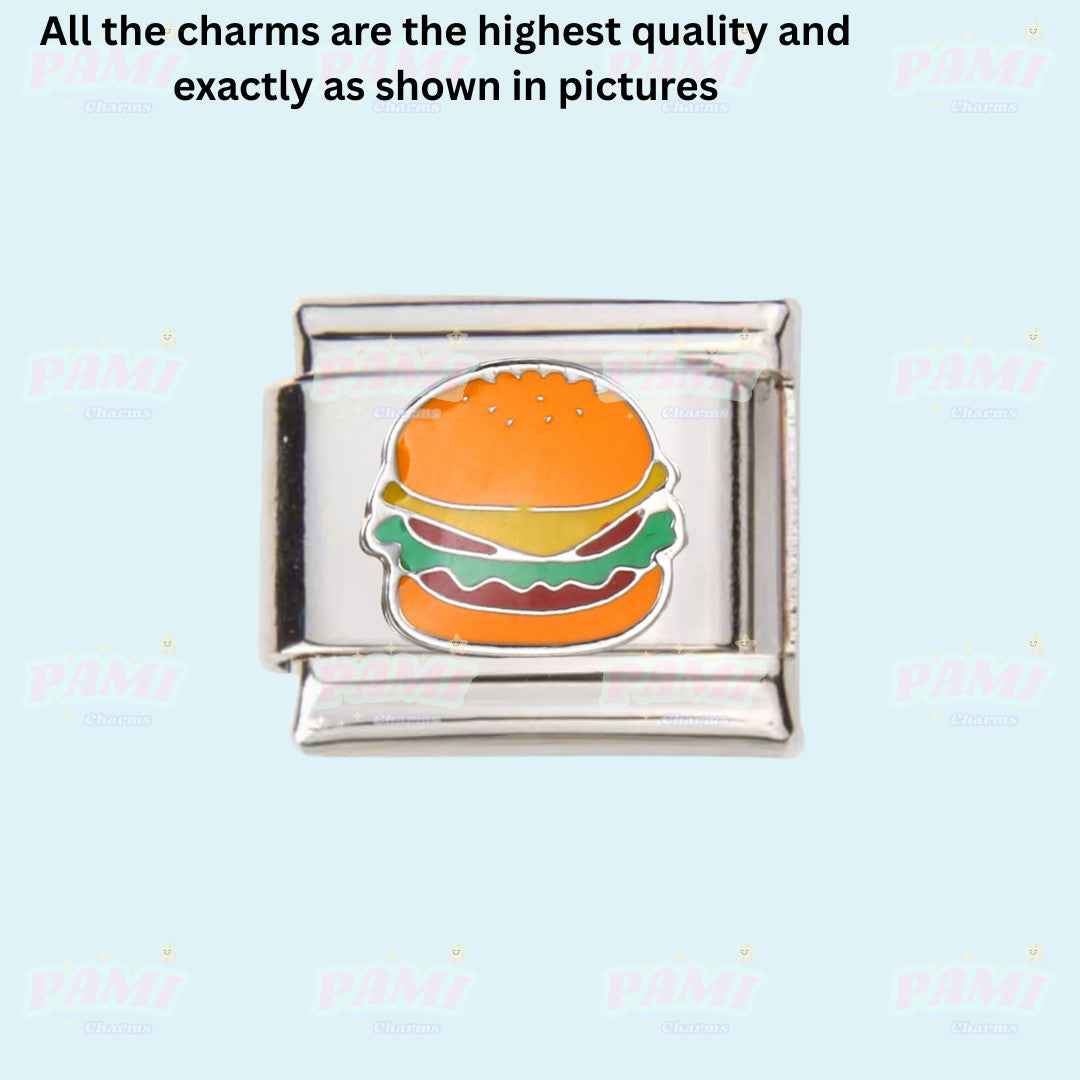 Food Cocktail, Doughnut, Pretzel Modular Italian Charms - Fits all classic 9mm bracelet 10- Burger Italian Charm