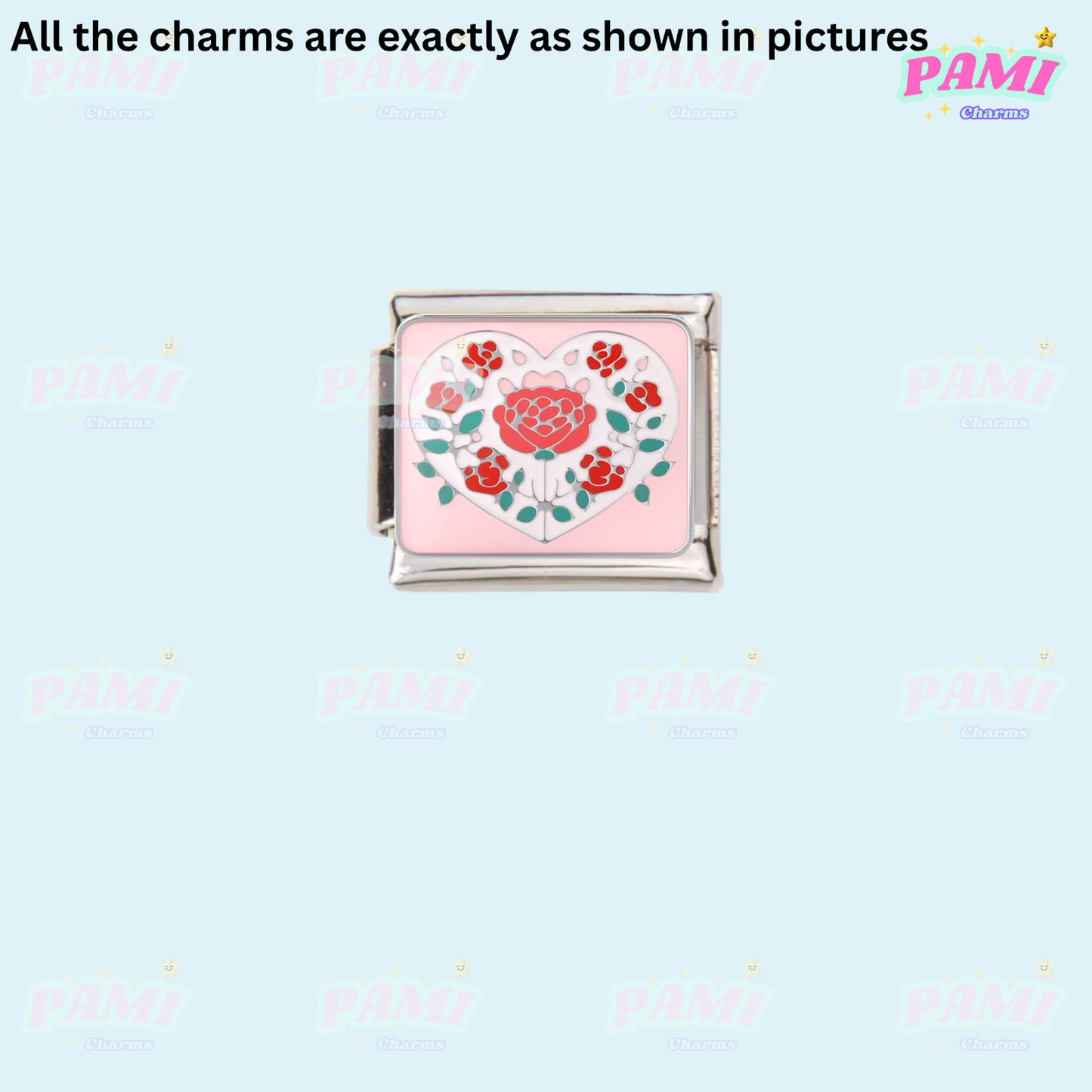 Floral/Flower Tulip, Lotus, Rose Modular Italian Charms - Fits all classic 9mm Bracelet 2- Red Rose in Heart Italian Charm