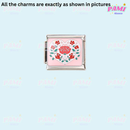 Floral/Flower Tulip, Lotus, Rose Modular Italian Charms - Fits all classic 9mm Bracelet 2- Red Rose in Heart Italian Charm