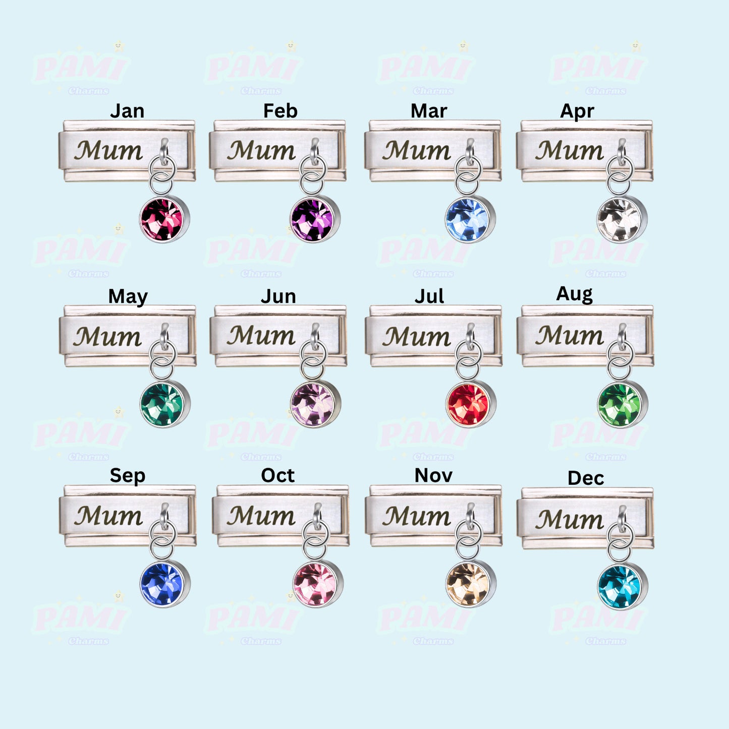 Mum Birthstone 12 Month Modular Italian Charms- Fits all classic 9mm bracelet Italian Charm