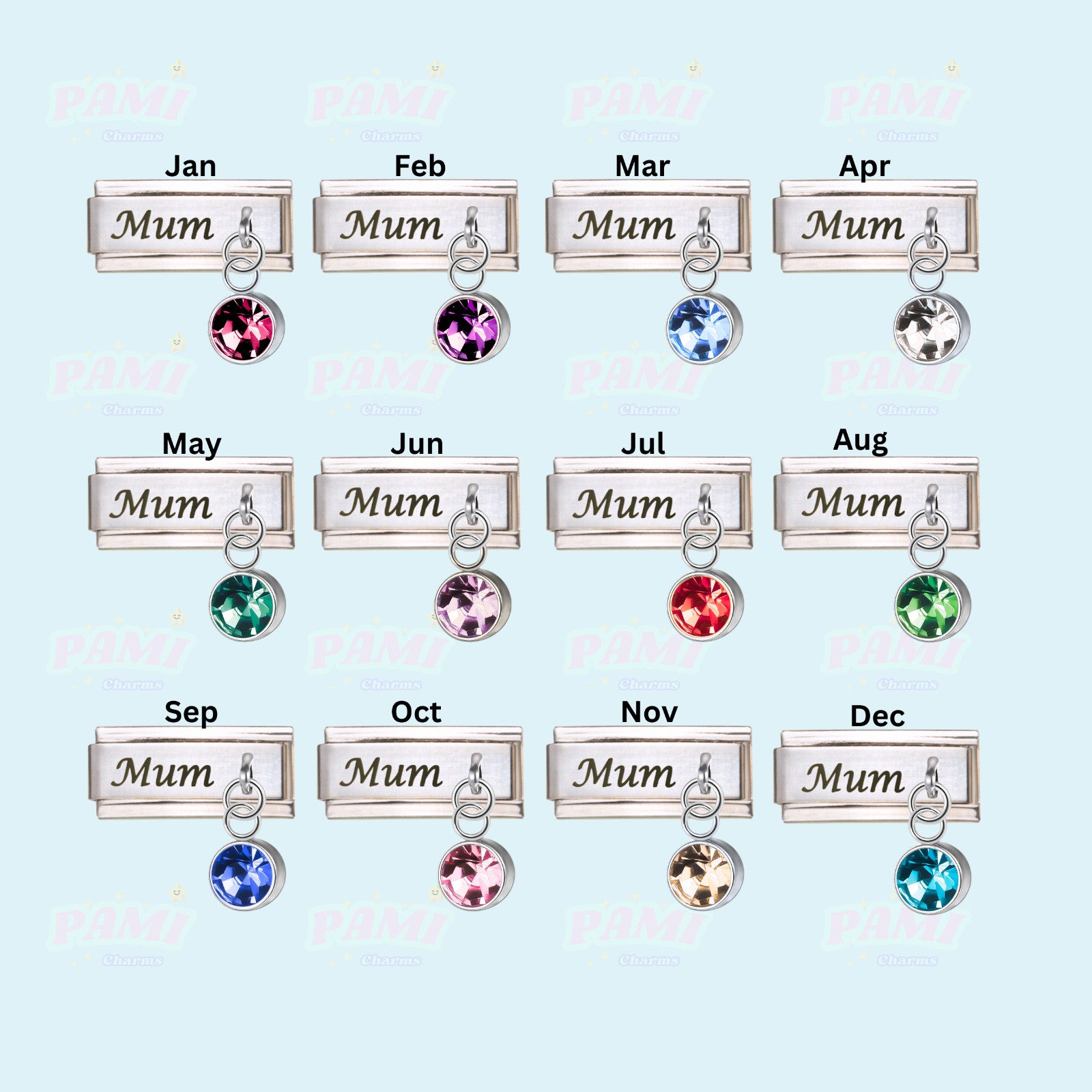 Mum Birthstone 12 Month Modular Italian Charms- Fits all classic 9mm bracelet Italian Charm