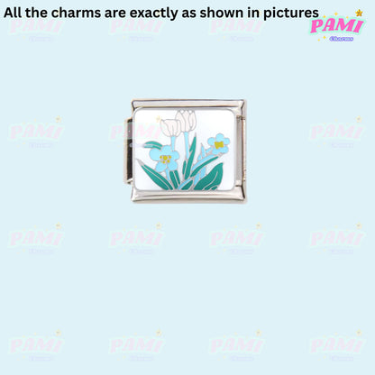 Floral/Flower Tulip, Lotus, Rose Modular Italian Charms - Fits all classic 9mm Bracelet 1- White Tulips Italian Charm