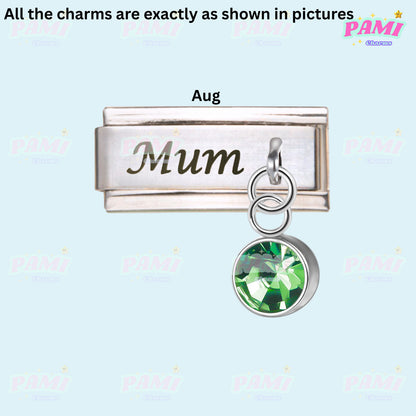 Mum Birthstone 12 Month Modular Italian Charms- Fits all classic 9mm bracelet Italian Charm