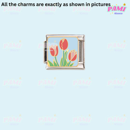 Floral/Flower Tulip, Lotus, Rose Modular Italian Charms - Fits all classic 9mm Bracelet 15-Red Yellow Tulips Italian Charm