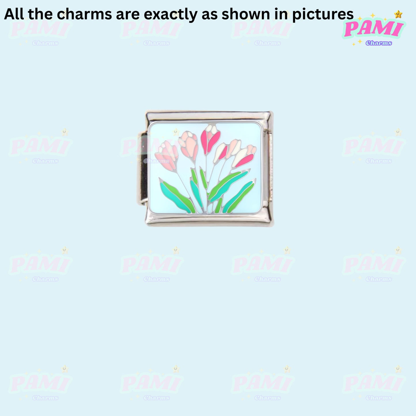 Floral/Flower Tulip, Lotus, Rose Modular Italian Charms - Fits all classic 9mm Bracelet 8- Pink Tulips Italian Charm