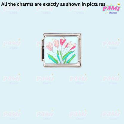 Floral/Flower Tulip, Lotus, Rose Modular Italian Charms - Fits all classic 9mm Bracelet 8- Pink Tulips Italian Charm