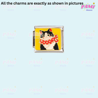 Flower/Fruit/Cat Modular Italian Charms - Fits all classic 9mm bracelet 13- Cat with scarf Italian Charm