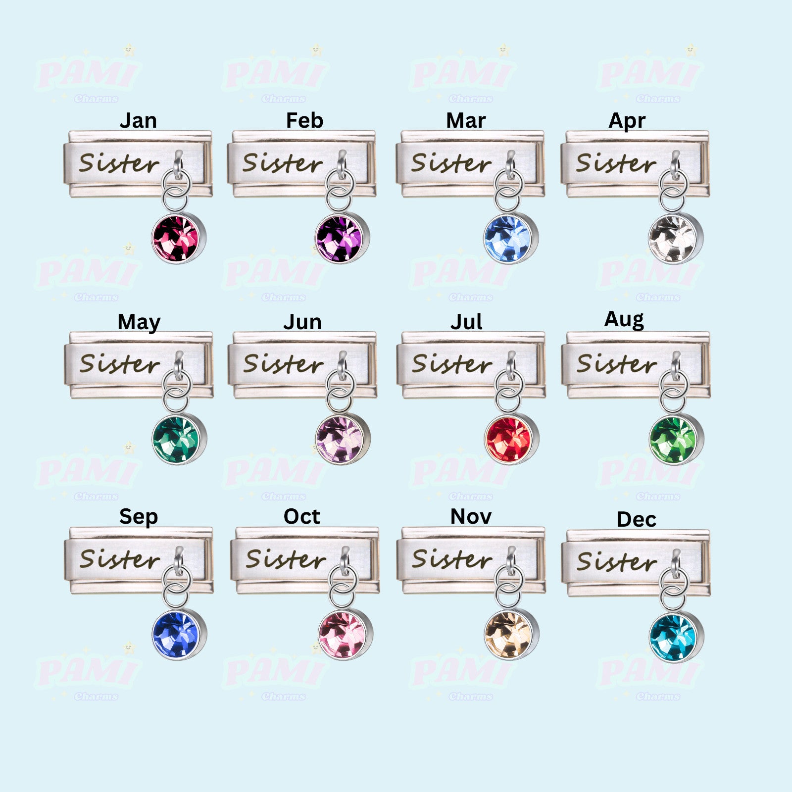 Sister Birthstone 12 Month Modular Italian Charms - Fits all classic 9mm bracelet Italian Charm