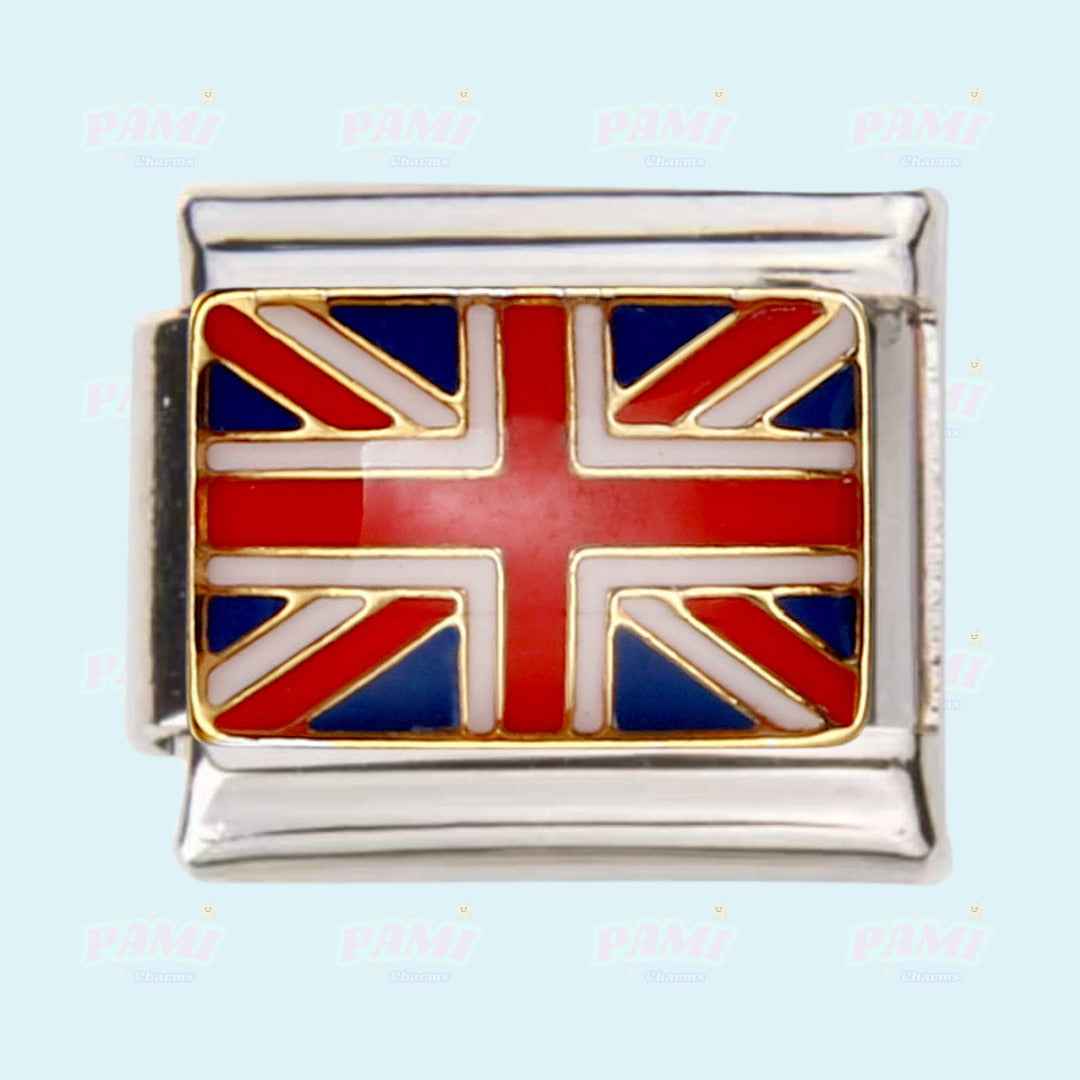 Union Jack Italian charms by Pami Charms with detailed red white and blue flag design on silver base