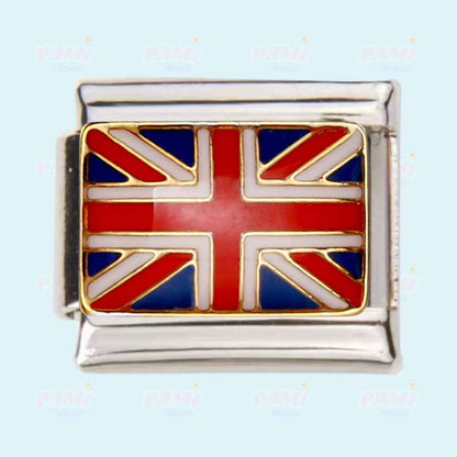 Union Jack Italian charms by Pami Charms with detailed red white and blue flag design on silver base